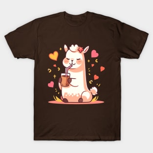 Caffeinated Love Affair: Kawaii Llama Sips Iced Coffee T-Shirt